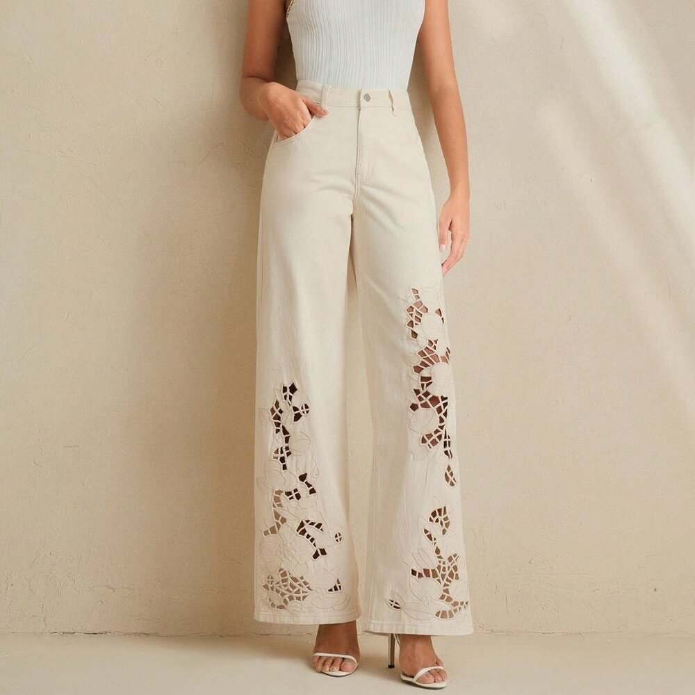 Mustard Yellow Casual Women's Embroidered Lace Hollow-Out Straight Leg Jeans